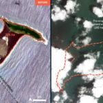 In questa immagine combo satellitare l'isola prima e dopo l'eruzione del vulcano sottomarino