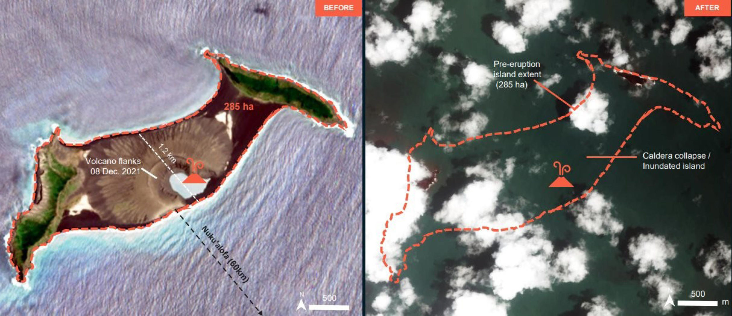 In questa immagine combo satellitare l'isola prima e dopo l'eruzione del vulcano sottomarino